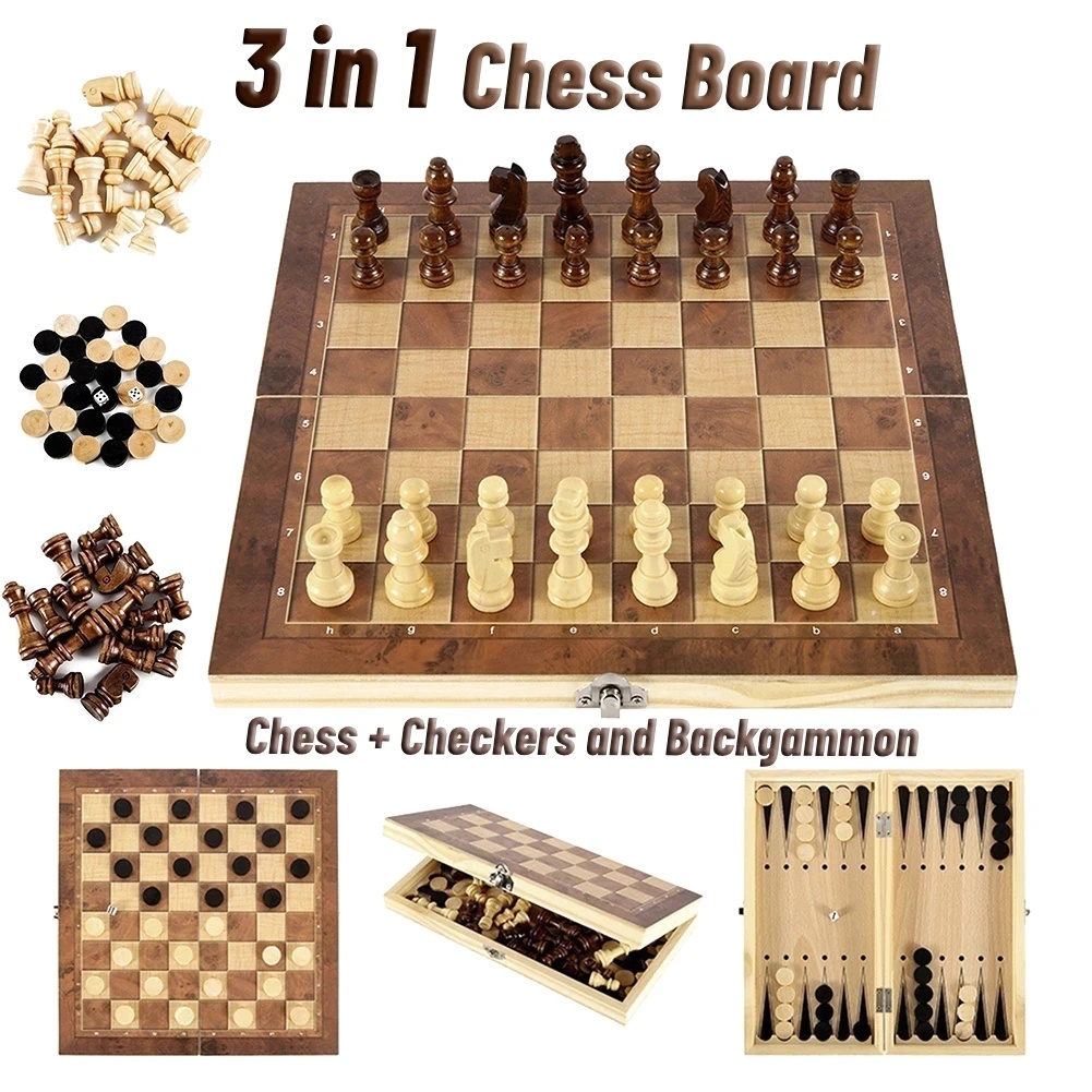 Board Game Zenith - 3-in-1 houten dammen, backgammon en schaakspel,